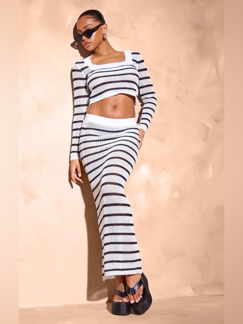 PrettyLittleThing Monochrome Stripe Crochet Knit Maxi Skirt XS NWT - Picture 1 of 4